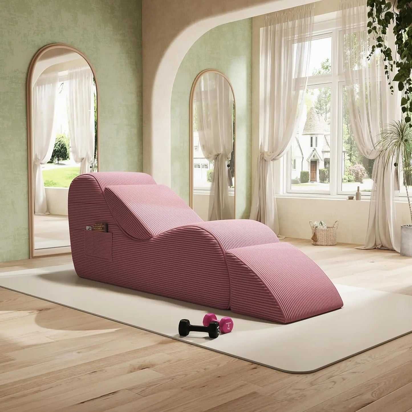 Corduroy Yoga Sofa - All Sponge Filled Stretching Lounge Chair with Side Pocket for Home Fitness & Relaxation