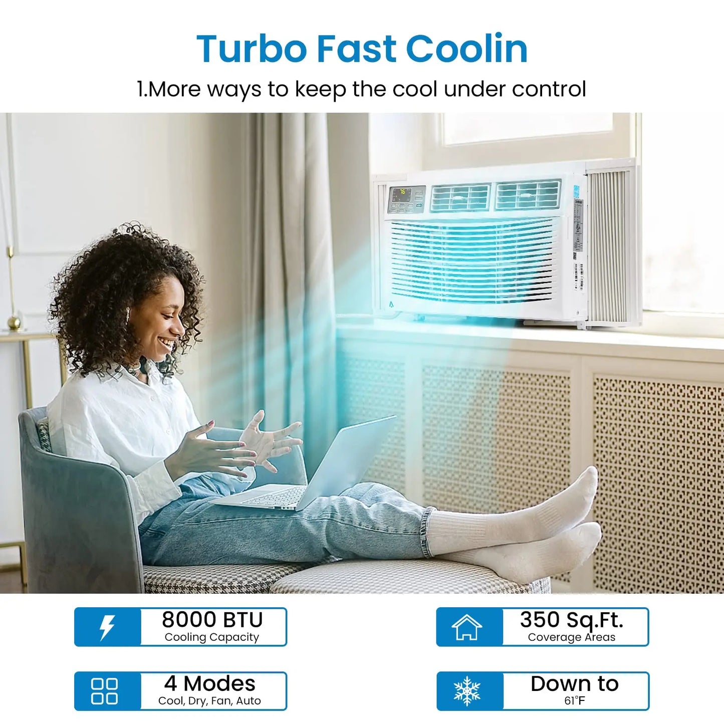 8000 BTU Smart Window Air Conditioner WiFi App Control Quiet Room AC Unit Cools 350 Sq.Ft With 24H Timer For Bedroom