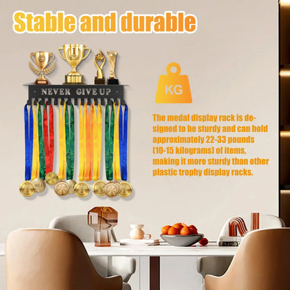 Medal Hanger Display Rack Wall Mount Metal Trophy Rack Ribbons Medals Display Hanger with Inspirational Words for Soccer Race