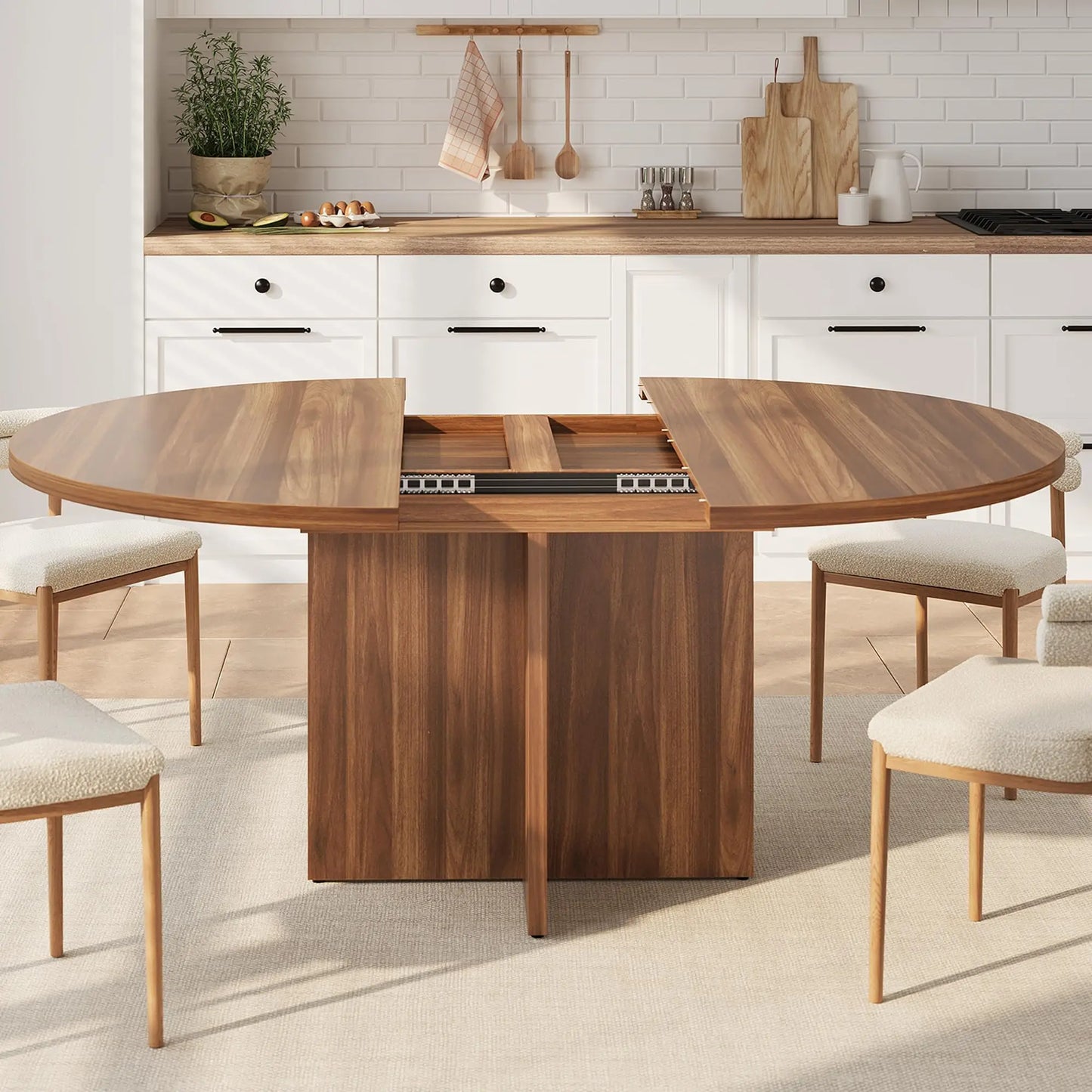 Extendable Round to Oval Dining Table For 4-8, Modern Expandable Kitchen Table With Removable Leaves, Space Saving Dinner Table