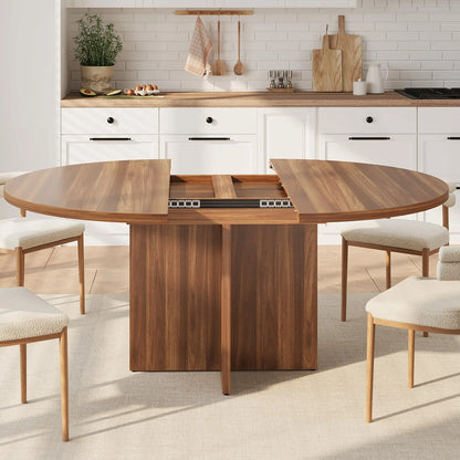 Extendable Round to Oval Dining Table For 4-8, Modern Expandable Kitchen Table With Removable Leaves, Space Saving Dinner Table