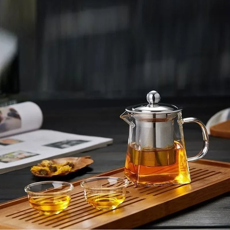 350/550/750ML Glass Teapot with Strainer Transparent Four Sided Fair Cup Glass Teapot Office Household Summer Winter Drinkware