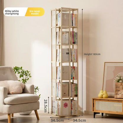 All solid wood rotating bookshelf 360-degree bookcase multi-layer storage home living room removable children's floor rack