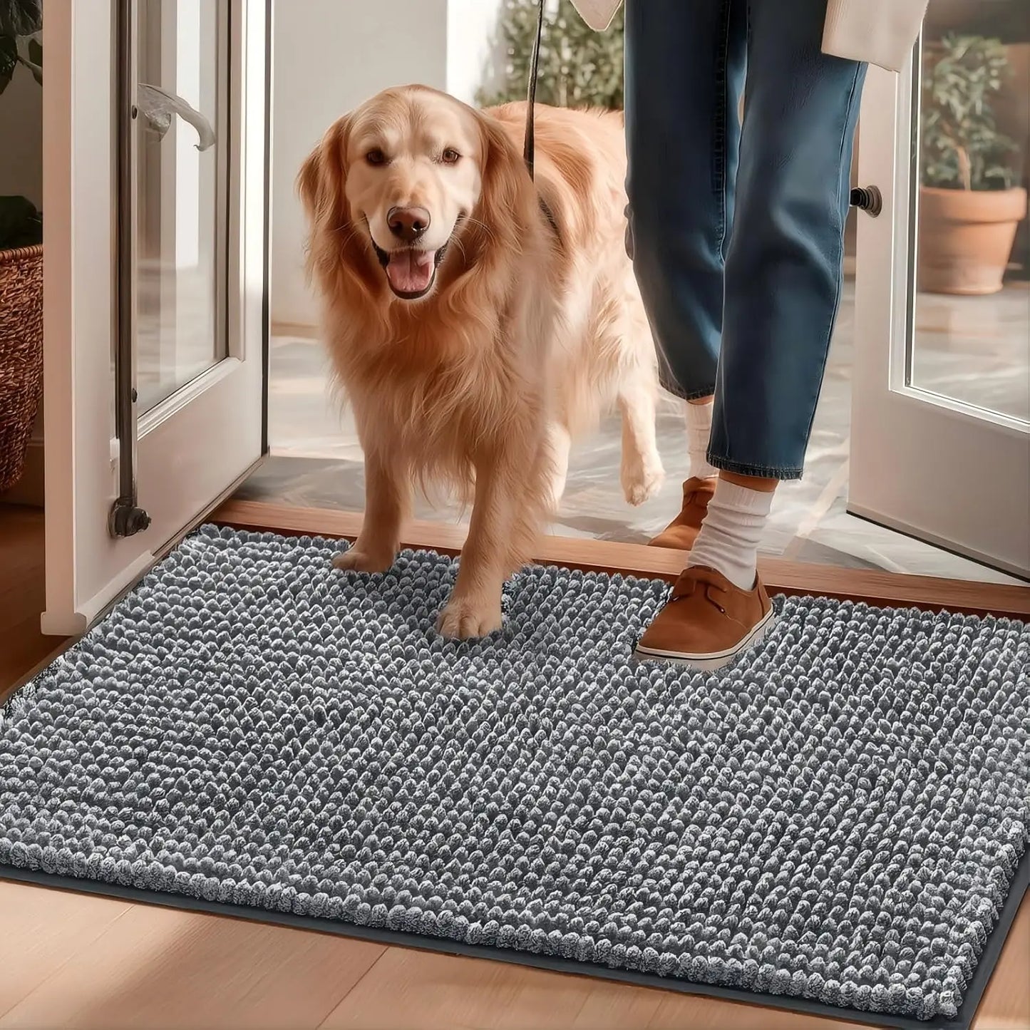 Super Absorbent Dog Door Mat for Muddy Paws, Quick Dry Washable Pet Rug, Non-Slip Indoor Outdoor Entryway, Grey