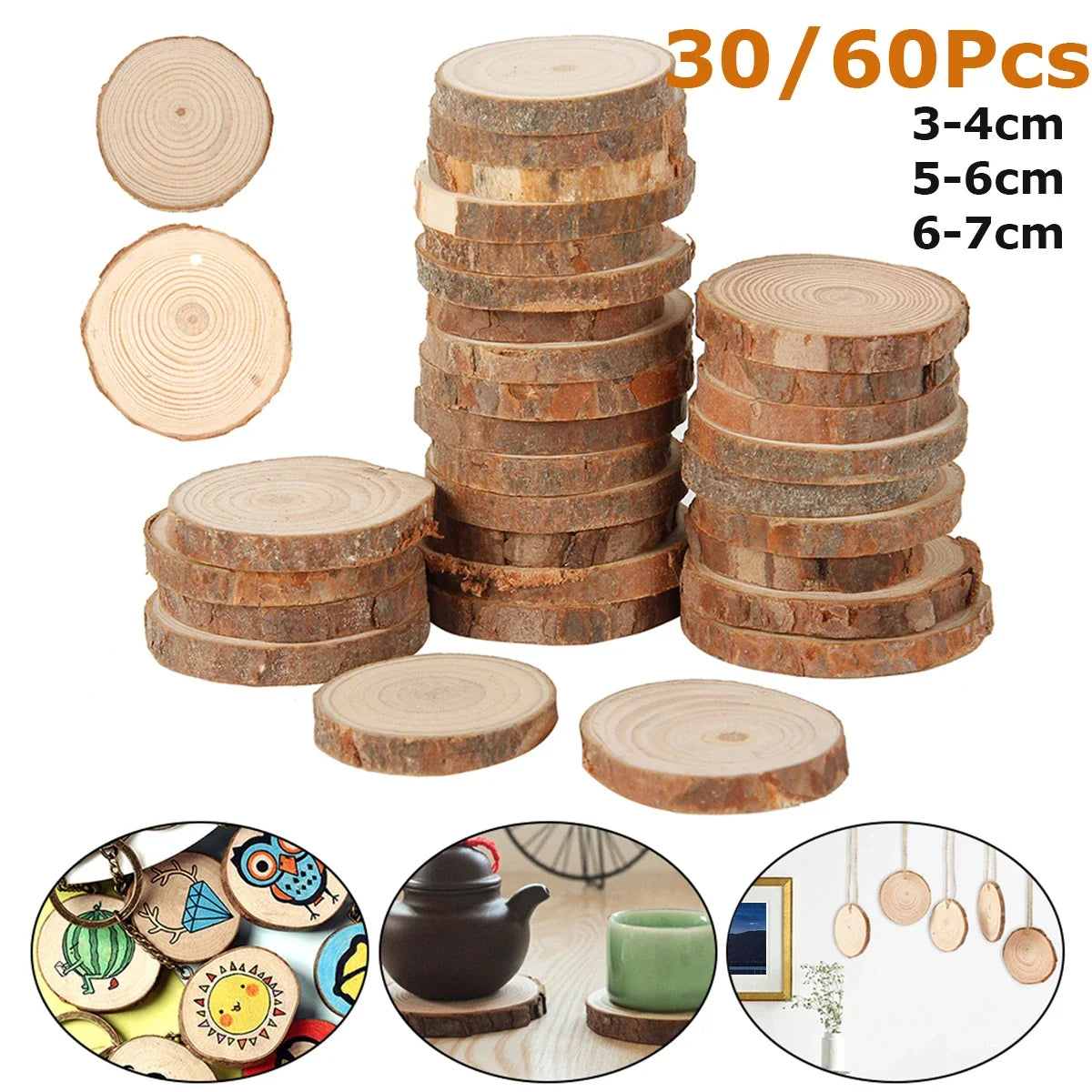 30/60Pcs Wood Slices With Tree Bark Natural Pine Round Unfinished Wood Slices Painting DIY Crafts for Wedding Christmas Decor