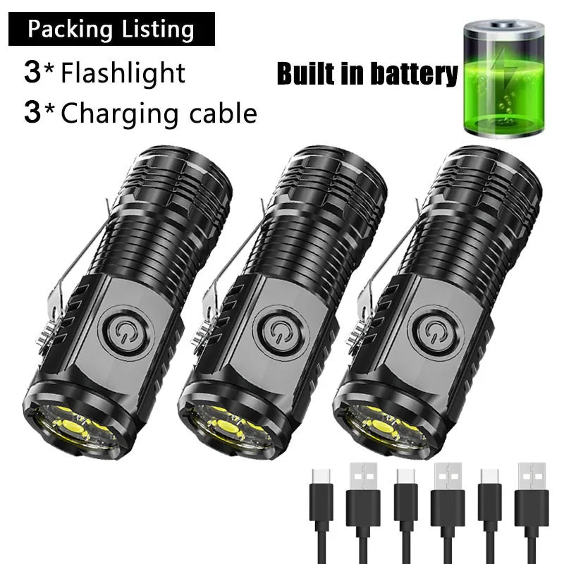 Super Bright Mini 3LED Flashlights With Pen Clip Built in Battery USB Charge Flashlight Outdoor Portable Torch Emergency Lamp