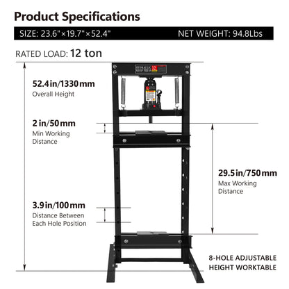 12 Ton Hydraulic Shop Press h-Frame Bench Press with Pressure Gauge Bearing Press for Automotive Repair Garage Metalworking Tool