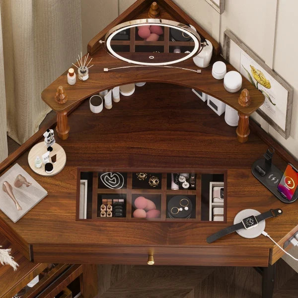 Vanity Desk Set with Storage Cushioned Stool and Charging Station, Triangle Makeup Desk with