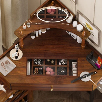Vanity Desk Set with Storage Cushioned Stool and Charging Station, Triangle Makeup Desk with
