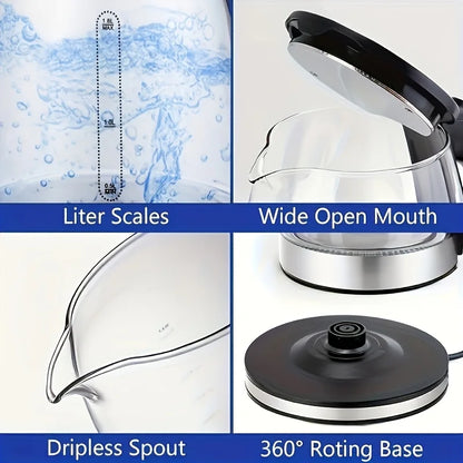 Glass Electric Kettle, Fast Boil with Auto Shut Off and Dry Burn Protection, LED Light for Tea Coffee, 110V US Plug