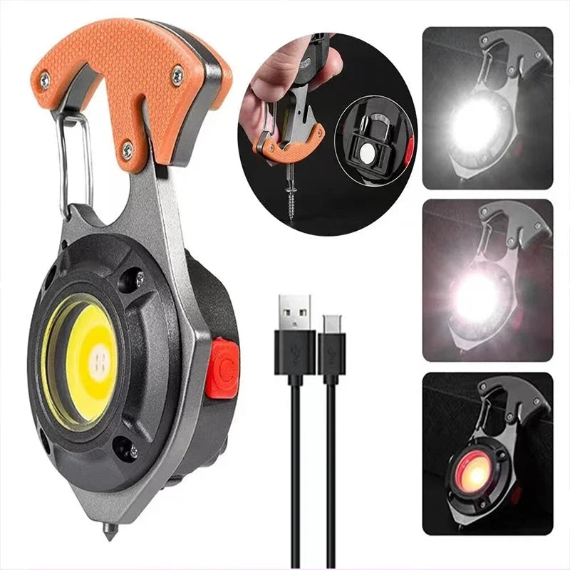 LED Micro Flashlight Pocket Keychain Flashlights USB Rechargeable Torch Strong Magnet Screwdriver Hammer Outdoor Emergency Lamp
