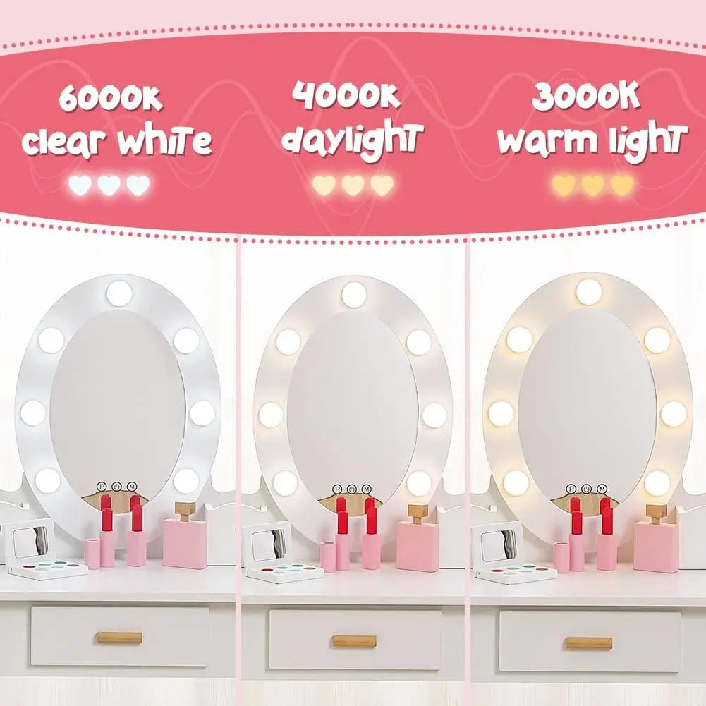 Kids Vanity Set, Pretend Play Girls Vanity Table and Chair Set with Lighted Mirror,Stool,Wood Makeup Playset,Birthday Gift
