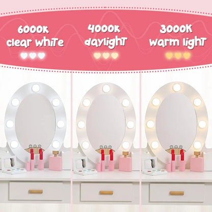 Kids Vanity Set, Pretend Play Girls Vanity Table and Chair Set with Lighted Mirror,Stool,Wood Makeup Playset,Birthday Gift