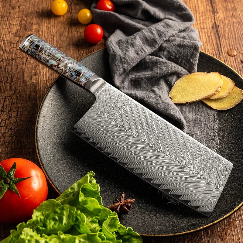 7.3 Inch Slicing Knife 73-layers Damascus AUS-10 Steel Blade Sharp Chef Cleaver Kitchen Knives Hexagonal Abalone Shell Handle