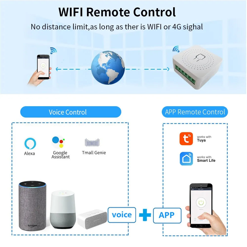 16A Wifi Mini Smart Switch Wireless DIY Light Switches 2 Way Control Breaker Work with Tuya Smart Life Alexa Google Home
