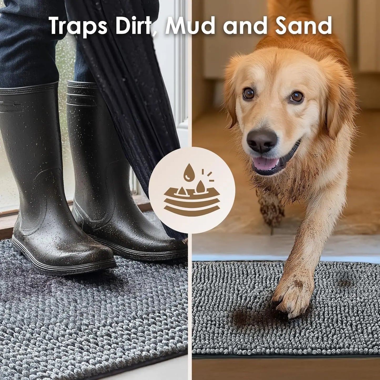 Super Absorbent Dog Door Mat for Muddy Paws, Quick Dry Washable Pet Rug, Non-Slip Indoor Outdoor Entryway, Grey