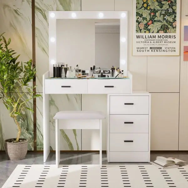 Adjustable white dressing table with 5 drawers