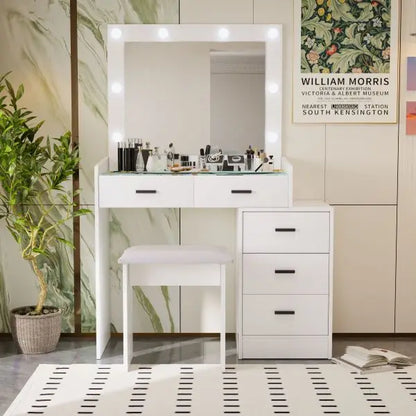 Adjustable white dressing table with 5 drawers