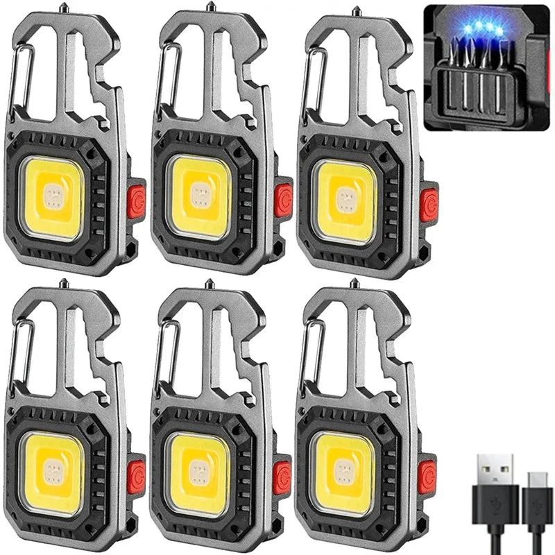Mini LED Keychain Portable Work Light Pocket Flashlight USB Rechargeable Outdoor Camping Lamp With Window Hammer Bottle Opener