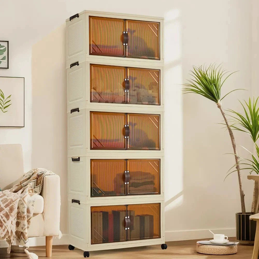 Storage Organiser,5 Tier Stackable Clothes Storage Boxes with Wheels,Folding Drawers for Clothes, Cupboard Organiser for Bedroom