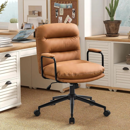Leather Home Desk Chair, Comfortable Executive Office Chair with Wheels, Ergonomic Computer Task Chair Adjustable Height, Brown