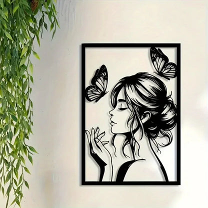 Metal Wall Art with Woman & Butterfly – Elegant Framed Decor for Room, Patio, Terrace, Perfect Gift for Her