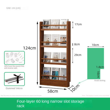 Behind the door, there is a small bookshelf, a multi-layer solid wood ultra-thin bookcase, a newspaper rack, a narrow slit child