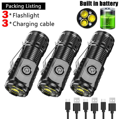 Super Bright Mini 3LED Flashlights With Pen Clip Built in Battery USB Charge Flashlight Outdoor Portable Torch Emergency Lamp