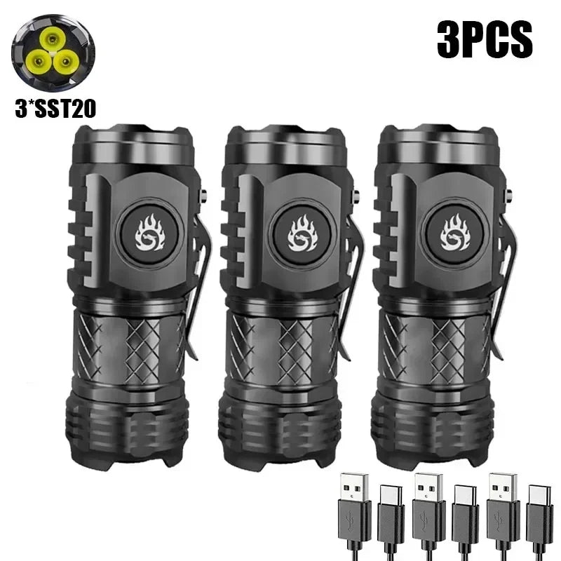 Super Bright Mini 3LED Flashlight With Pen Clip And Tail Magnet,Builtin Battery USB Charge Outdoor Portable Torch Emergency Lamp