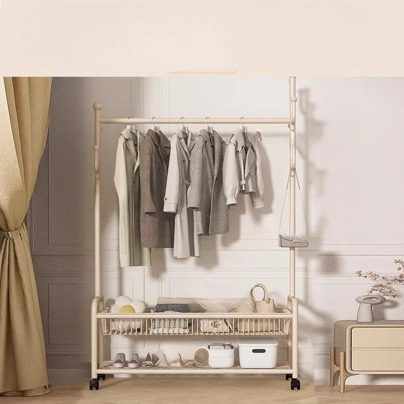 Metal Cream Wheeled Standing Coat Rack Clothes Rack Hat Bag Hanger Bedroom Entryway Hall Closet Organizer Home Furniture