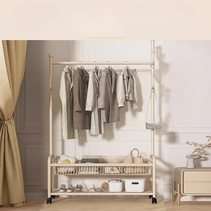 Metal Cream Wheeled Standing Coat Rack Clothes Rack Hat Bag Hanger Bedroom Entryway Hall Closet Organizer Home Furniture