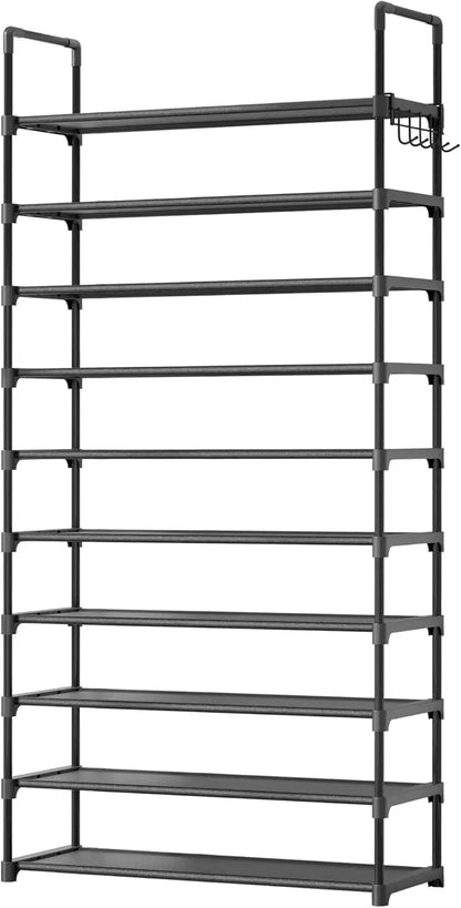 10-Tier Shoe Rack with Hooks - Large Capacity Space-Saving Organizer for Entryway, Bedroom, Living Room, Black