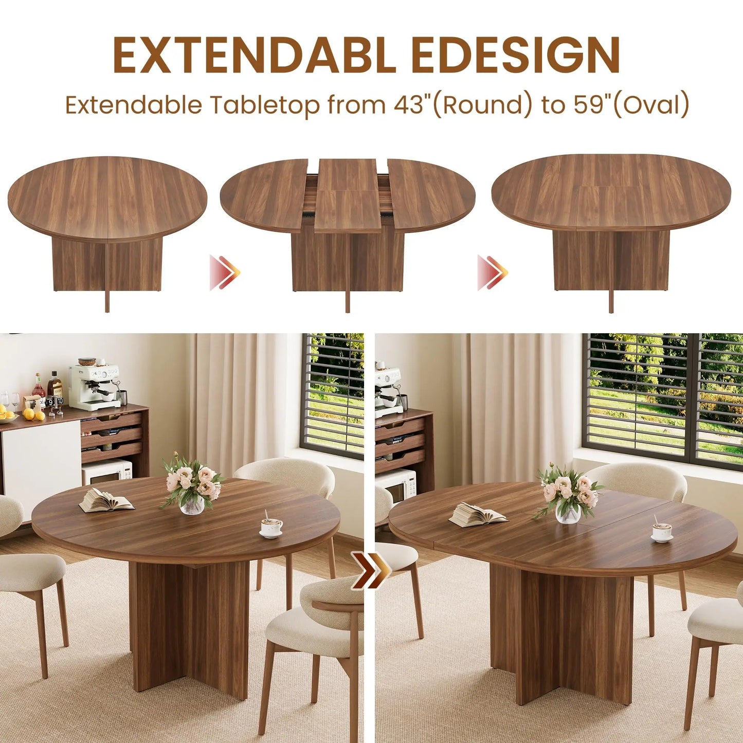 Extendable Round to Oval Dining Table For 4-8, Modern Expandable Kitchen Table With Removable Leaves, Space Saving Dinner Table