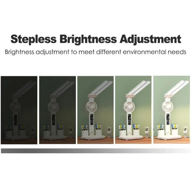 LED Desk Lamp Portable Foldable Fan Lamp Smart Display Clock USB Rechargeable Desk Lamp Eye Protection Study Reading Desk Light