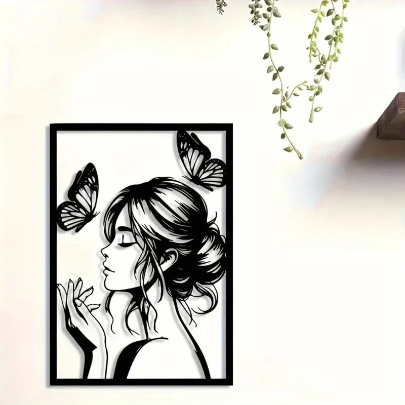 Metal Wall Art with Woman & Butterfly – Elegant Framed Decor for Room, Patio, Terrace, Perfect Gift for Her