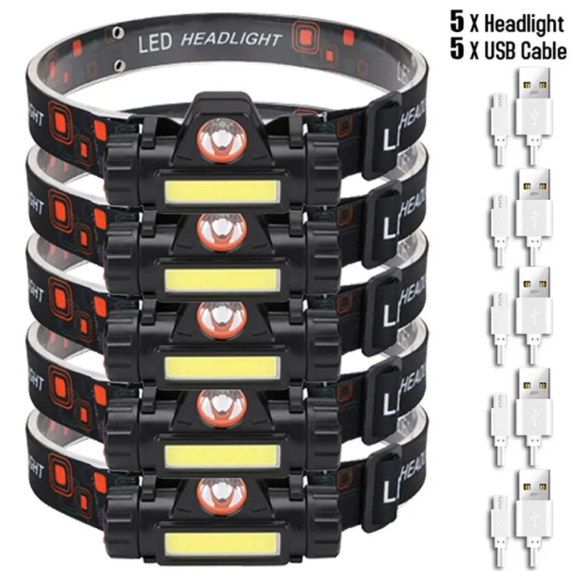 Super Bright LED Headlamp Rechargeable Waterproof Flashlight With XPE COB Beads And Tail Magnet Dual Light Sources Work Light
