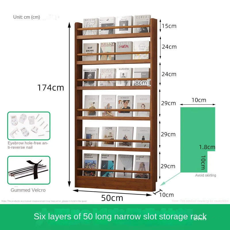 Behind the door, there is a small bookshelf, a multi-layer solid wood ultra-thin bookcase, a newspaper rack, a narrow slit child
