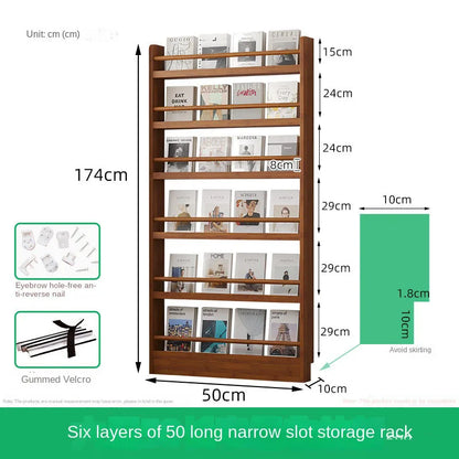 Behind the door, there is a small bookshelf, a multi-layer solid wood ultra-thin bookcase, a newspaper rack, a narrow slit child