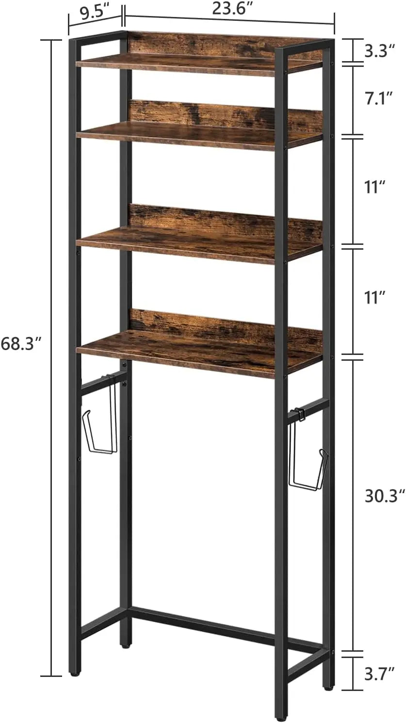 4-Tier Over Toilet Storage Rack with Hooks, Space-Saving Bathroom Organizer in Rustic Brown