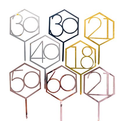 Numbers18-60 Happy Birthday Cake Topper Gold Silver Hexagonal Acrylic Anniversary Party Cupcake Topper Cakes Dessert Decoration