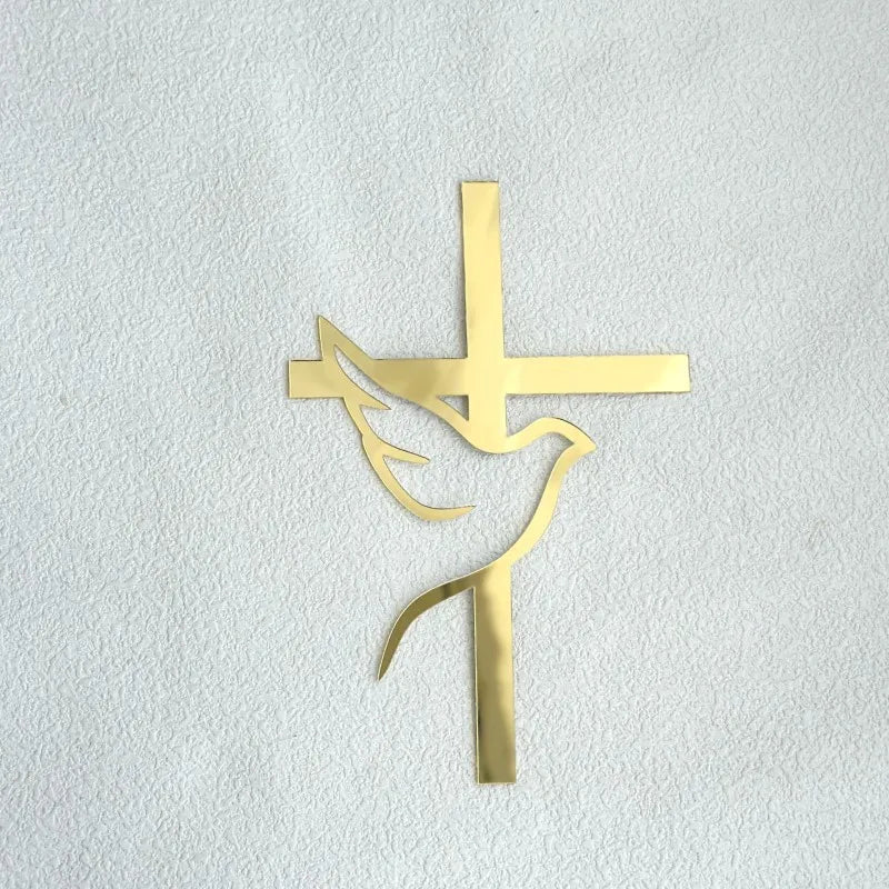 Ins Cross Christ Birthday Cake Topper Gold Acrylic Dove Cross for Eucharist Baby Baptism Party Cake Toppers Dessert Decoration