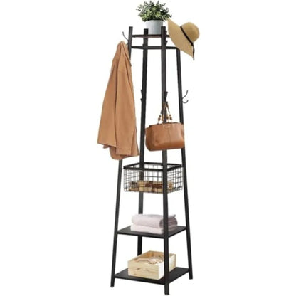 Coat Rack FreestandingHall Tree with Metal Basket and Storage Shelves Industrial Coat Rack Stand with 8 Hooks for Hanging Coats