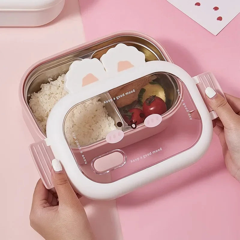 Stainless Steel Bento Box Creative Rabbit Design Divides Sealed Portable Lunch Box with Buckle for Children Student Cute Gifts