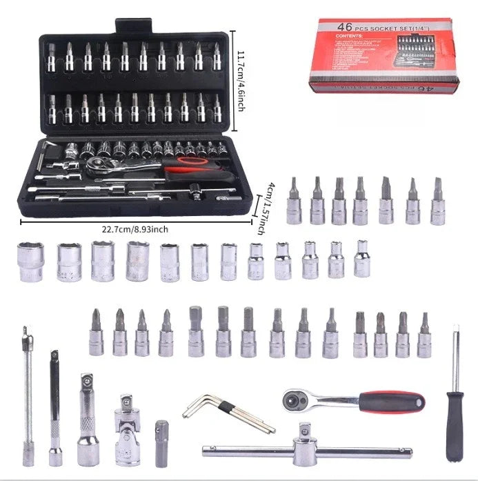 46Pcs Auto Repair Combination Ratchet Wrench Toolbox Family Tools Auto Maintenance Vehicle-mounted Socket Repair Set Tools
