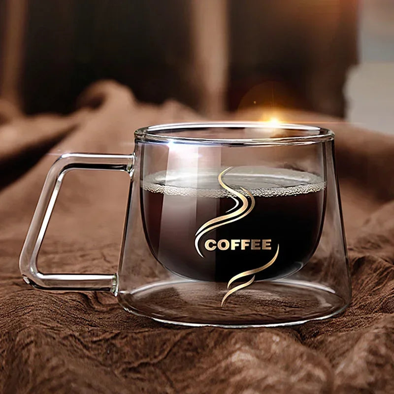 JUSTINLAU 200ML Espresso Cup Heat-resistant Double Wall Glass Coffee Mug with Handle Cappuccino Latte Breakfast Tea Water Cups