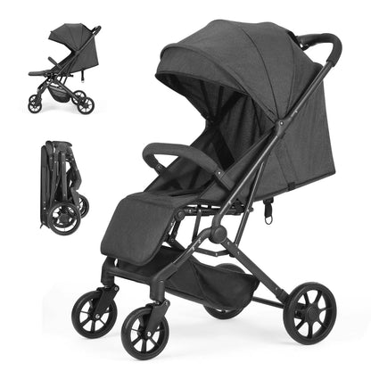 Lightweight Stroller, One-Hand Fold Compact Travel Stroller with 4-Wheel Suspension, Adjustable Recline & Canopy