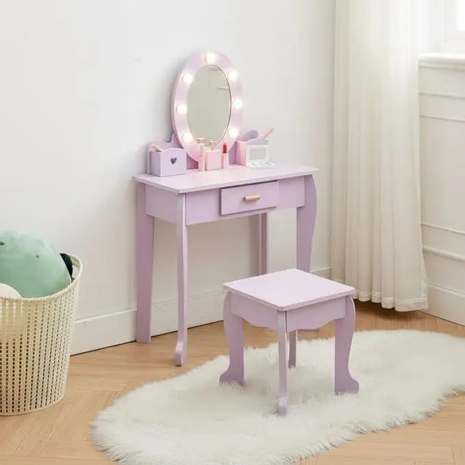 Kids Vanity Set, Pretend Play Girls Vanity Table and Chair Set with Lighted Mirror,Stool,Wood Makeup Playset,Birthday Gift