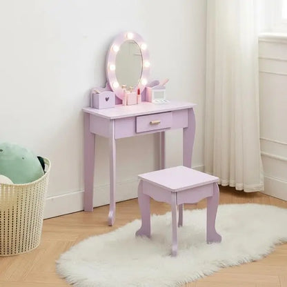 Kids Vanity Set, Pretend Play Girls Vanity Table and Chair Set with Lighted Mirror,Stool,Wood Makeup Playset,Birthday Gift