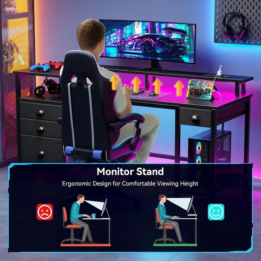60" Black Computer Desk with 4 Drawers and Printer Space, Gaming Desk with LED Lights and USB Power Outlets, Home Office Desk