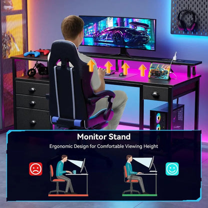 60" Black Computer Desk with 4 Drawers and Printer Space, Gaming Desk with LED Lights and USB Power Outlets, Home Office Desk